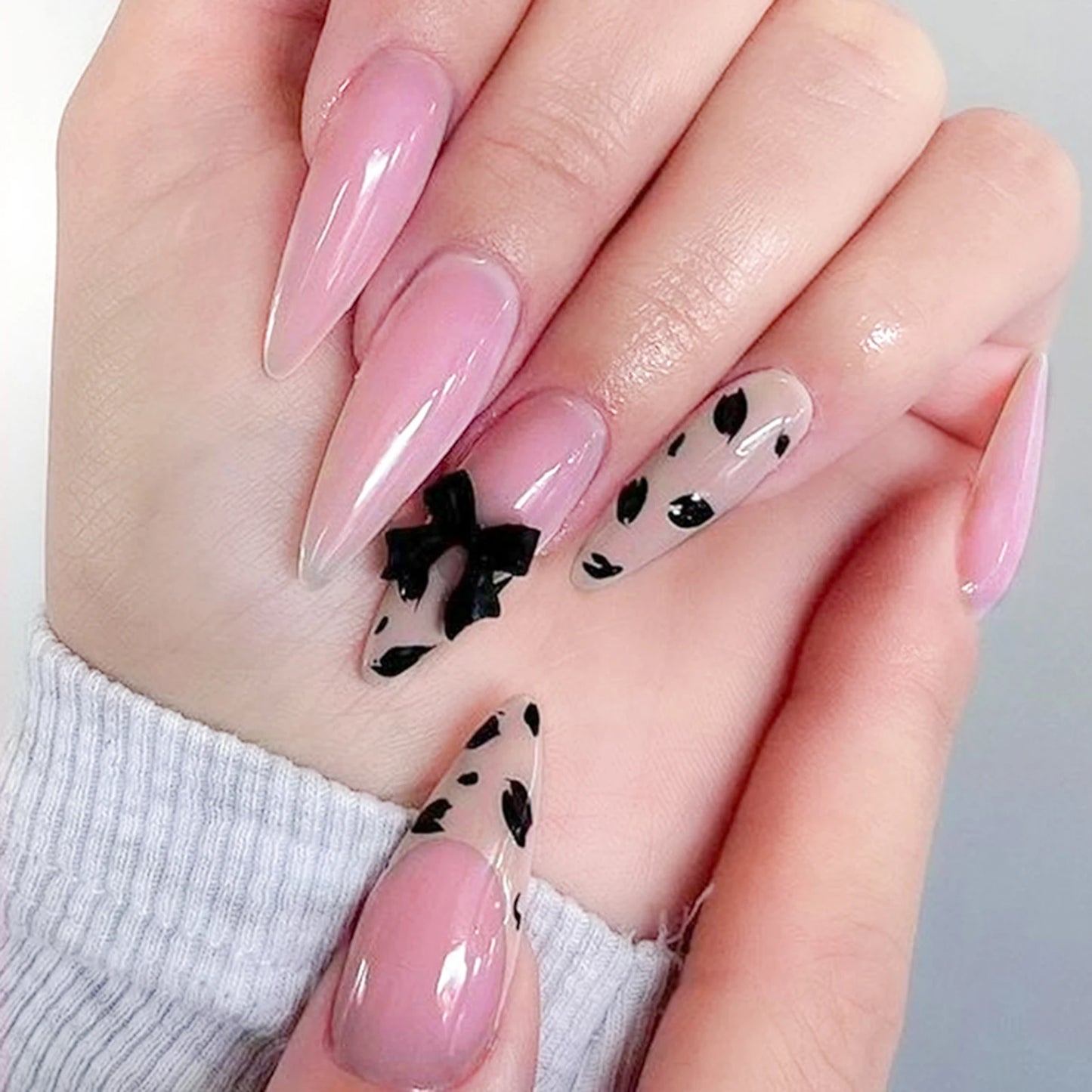 Long Stiletto Nails Pink Leopard Bowknot Press On