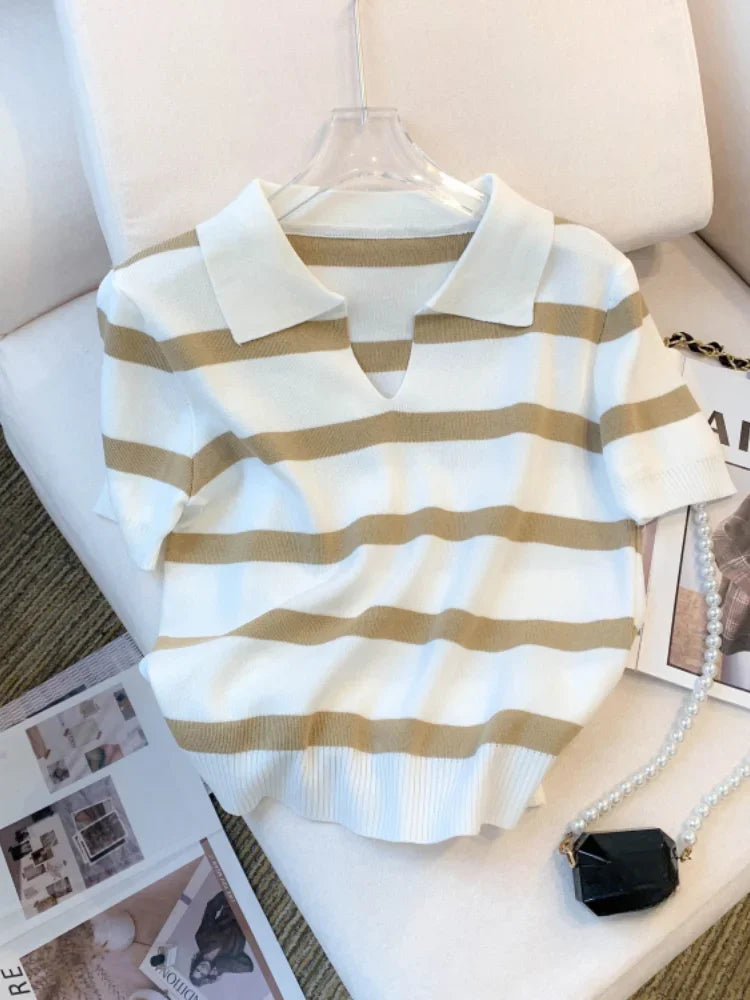 Women's Harajuku Striped Knit Short-Sleeve Sweater Spring Top
