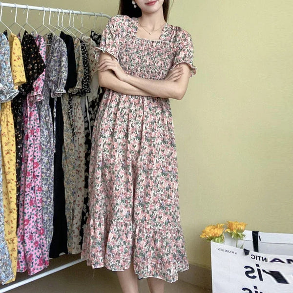 Spring Summer Elastic Waist Chiffon Dress Women Casual Pleated A-line