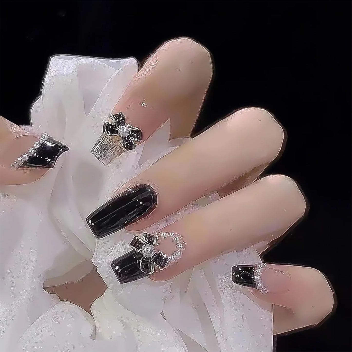 Black Bowknot Coffin Fake Nails Trendy Press On
