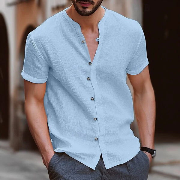 Men’s Stand Collar Henley V-Neck Shirt – Casual Summer Hawaiian Top 2025 in Solid White/Black