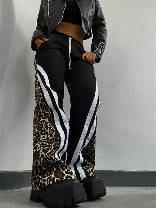 Women's Stripe Patchwork Flare Pants 2025 Leopard Print Trend