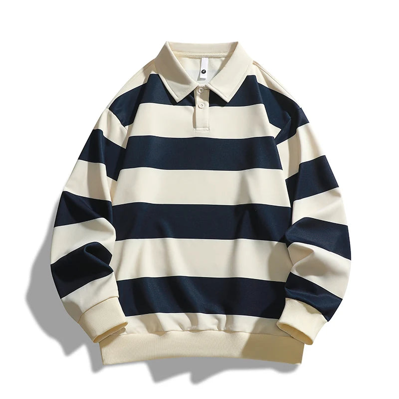 Men's Striped Long-Sleeve Polo Shirt Casual Loose Fit