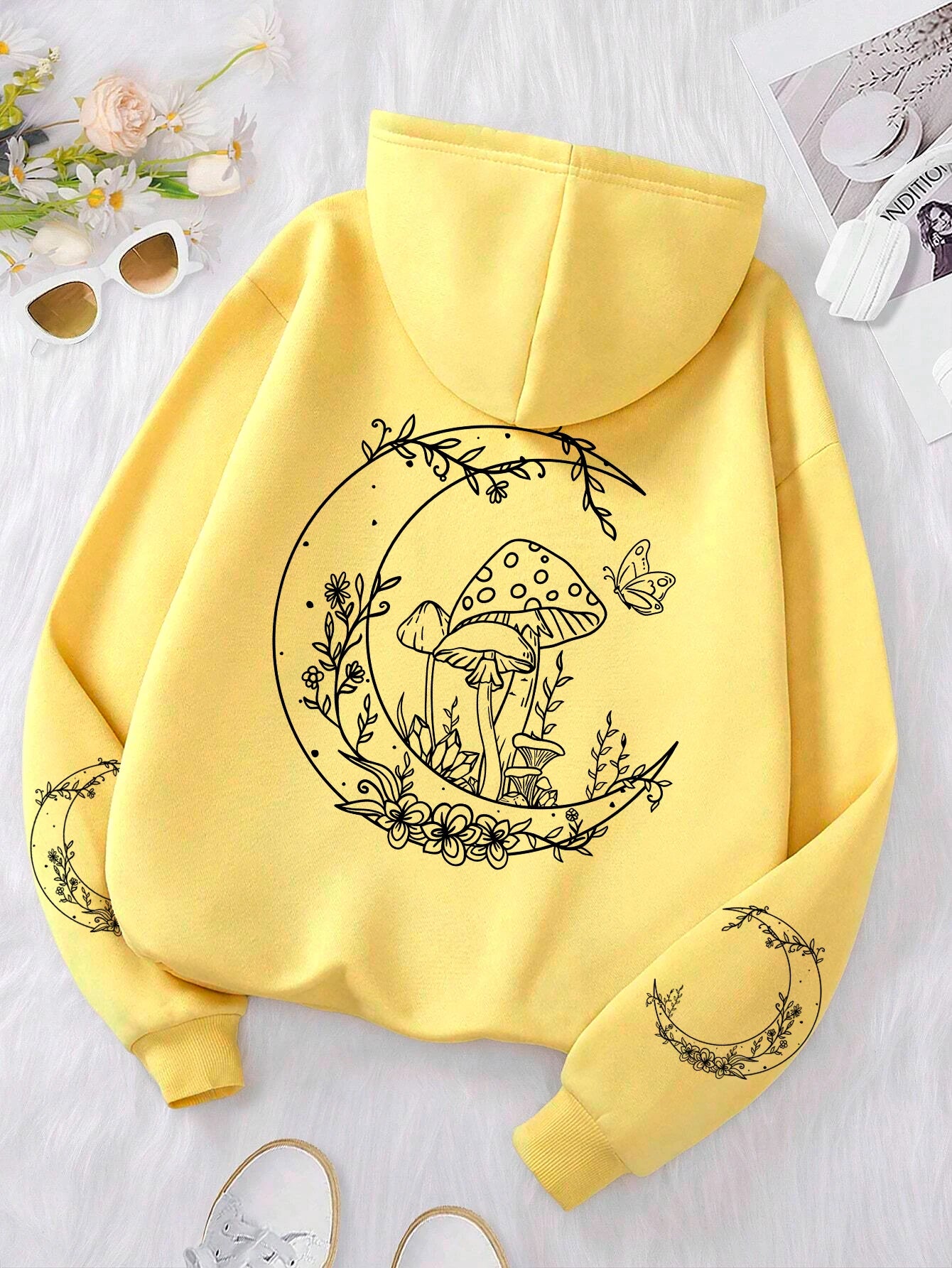 Mushrooms on the Moon Graphic Hoodie Funny Oversized Fleece Sweatshirt