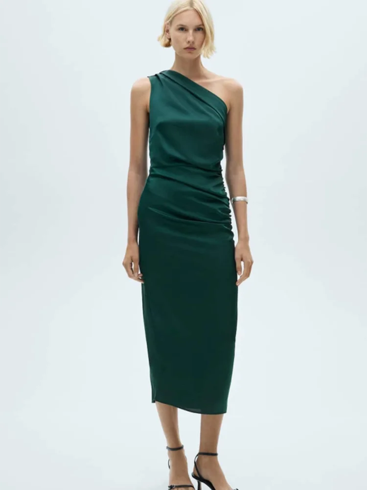 Women’s Off Shoulder Slanted Neck Pleated Summer Dress