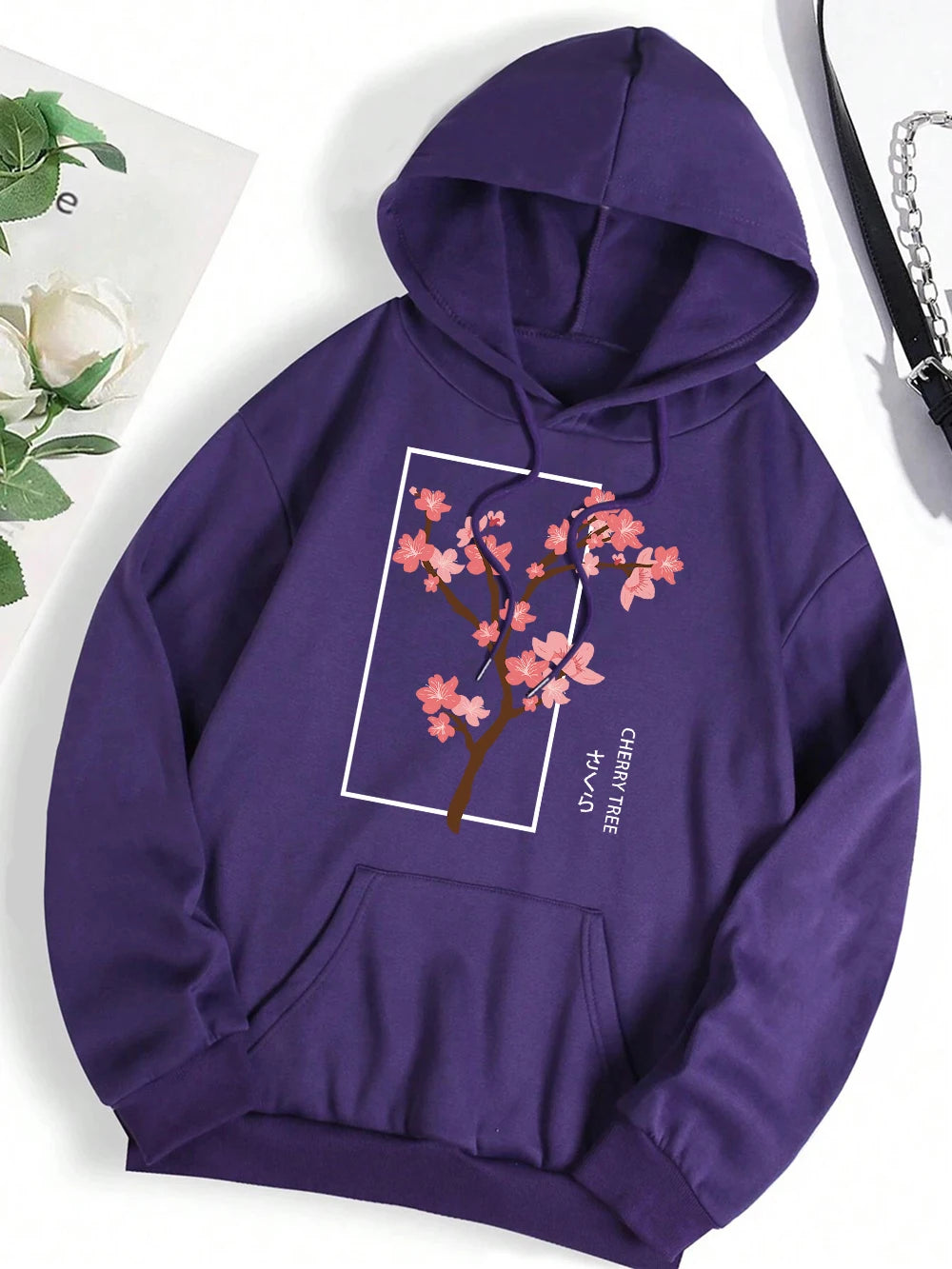 Cherry Blossom Print Hip Hop Fleece Hoodie Casual Loose Pullover