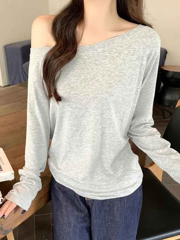 Oversized Off Shoulder Long Sleeve Top Slouchy Loose Casual Tee