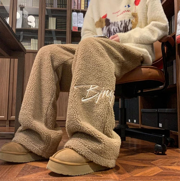Mens Sherpa Fleece Sweatpants Embroidered Straight Leg Joggers