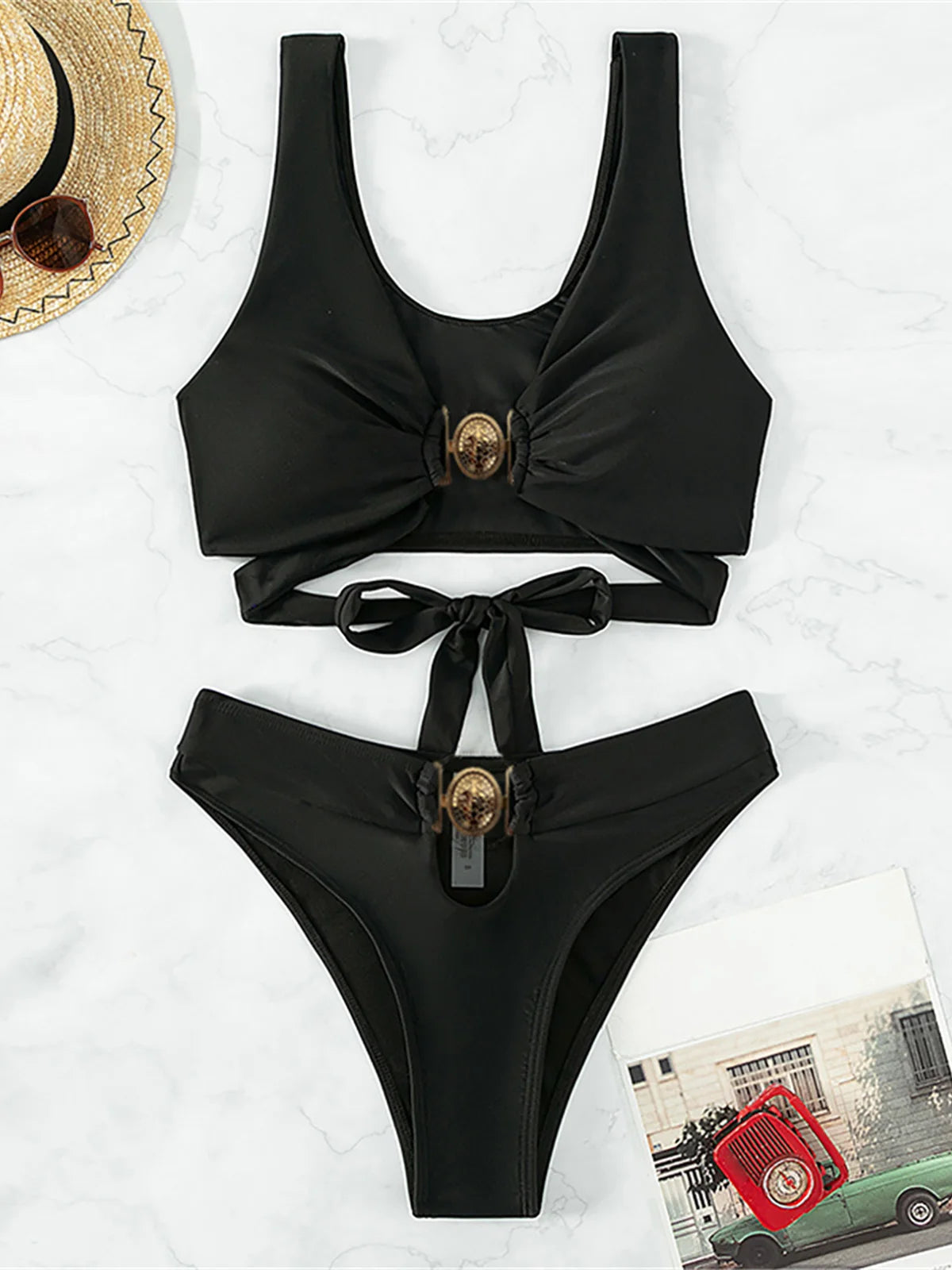 V Neck Metal Ring Bikini: Mid Waist Padded Swimwear