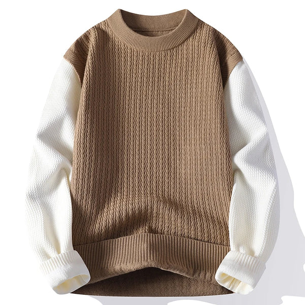 Mens Crew Neck Patchwork Sweater Long Sleeve Knit Pullover Casual