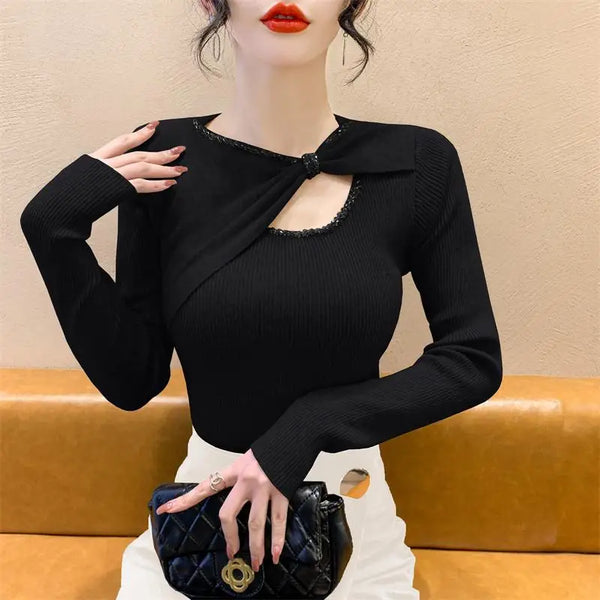 Bow Collar Sweater Women Long Sleeve Pleated Knit Top Fall Winter