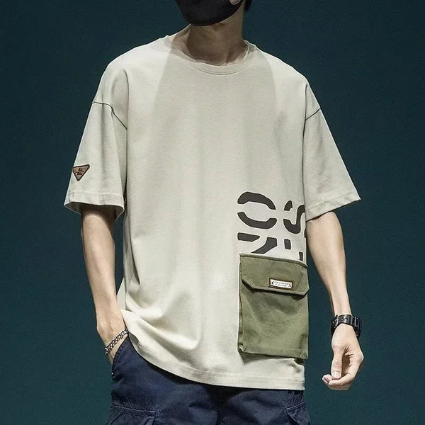 Mens Cargo Pocket Tshirt Letter Print Oversized Y2K Streetwear