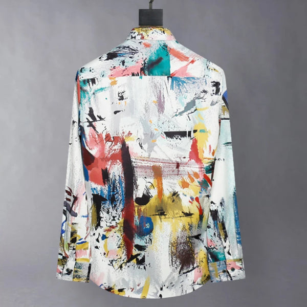 Silk Graffiti Shirt Men Long Sleeve Streetwear Nightclub Stage