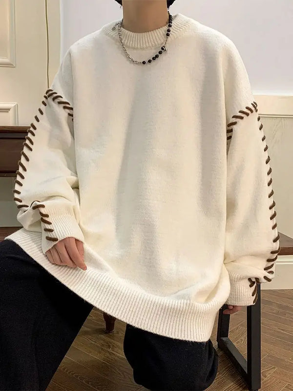 Mens Crew Neck Sweater Oversized Solid Color Knit Pullover Fall Winter