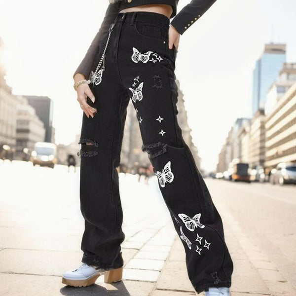 Womens Butterfly Print Jeans High Waist Straight Denim