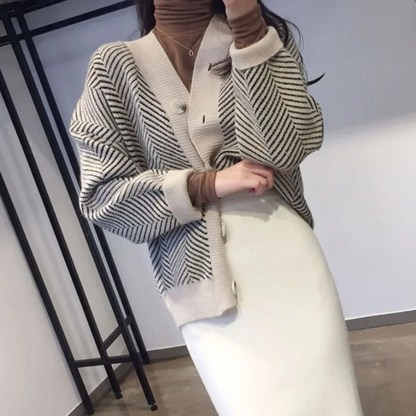 Striped Cardigan Sweater Women Long Sleeve Knit Jacket Fall Winter