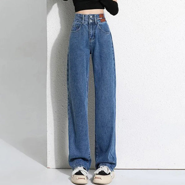 Fleece Lined High Waist Jeans Women Double Buckle Winter Warm Denim