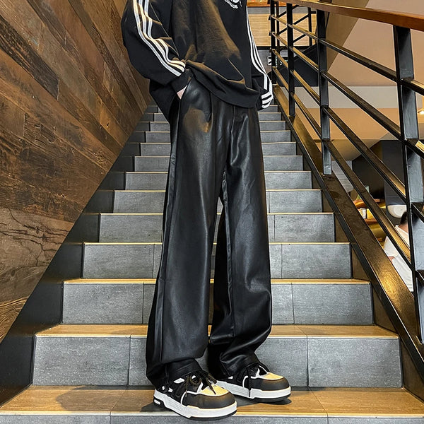Men Windproof Leather Pants Baggy Wide Leg Trousers