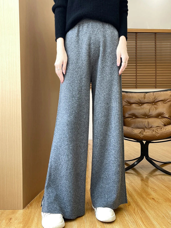 Womens Merino Wool Pants Flared Knit Trousers Elastic Waist Office