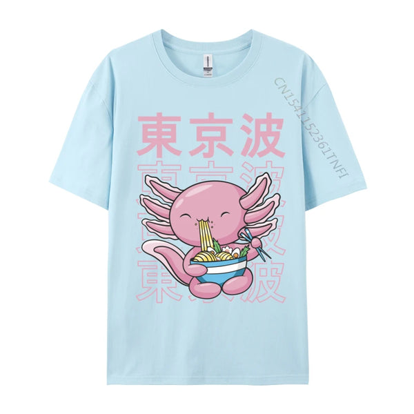Kawaii Axolotl Eating Ramen Noodles T Shirt Autumn Hip hop