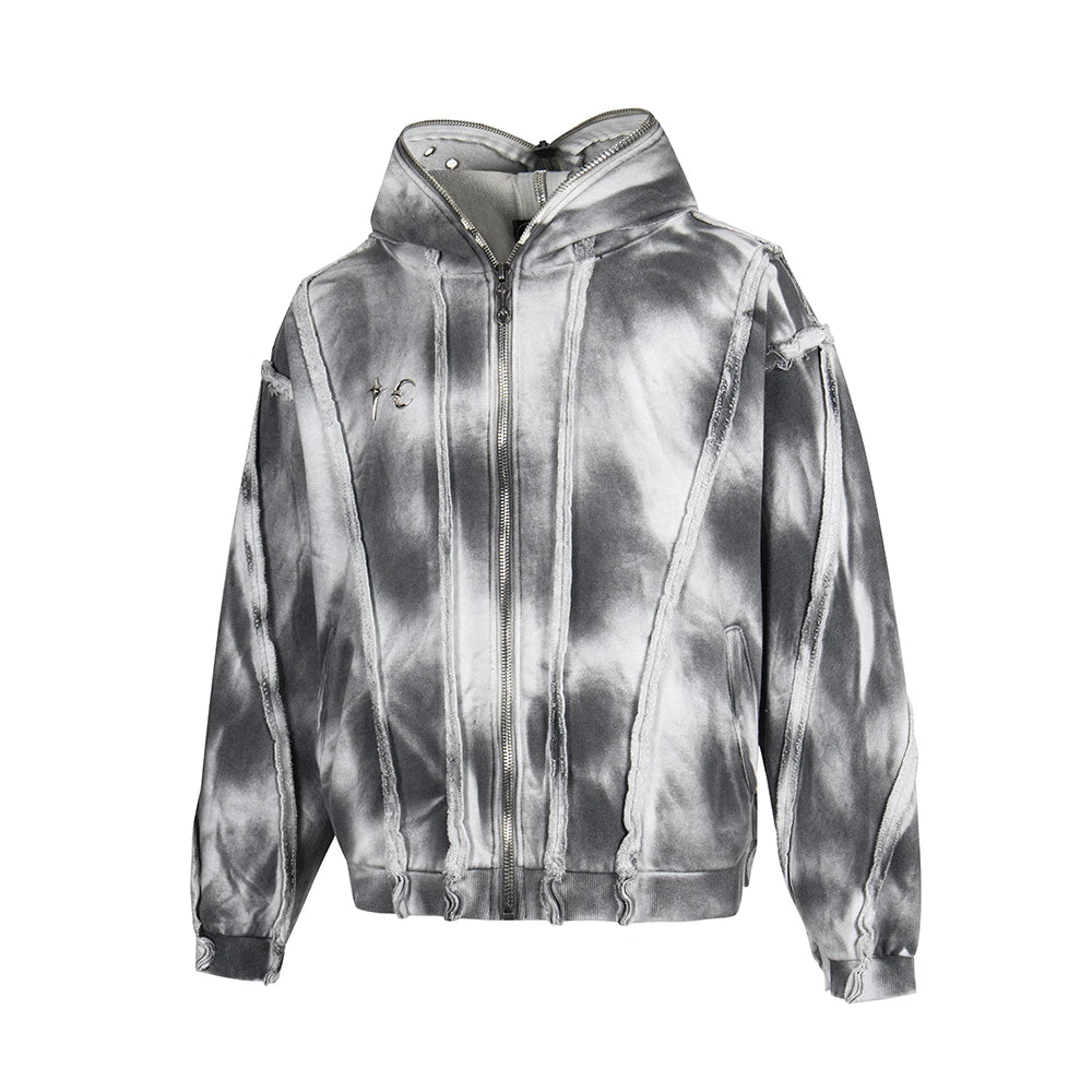 Gray Tie-Dye Distressed Hoodie Vintage Streetwear Pullover