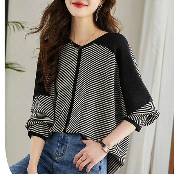 Womens Striped V Neck Pullover Oversized Long Sleeve Tee Office Top(7