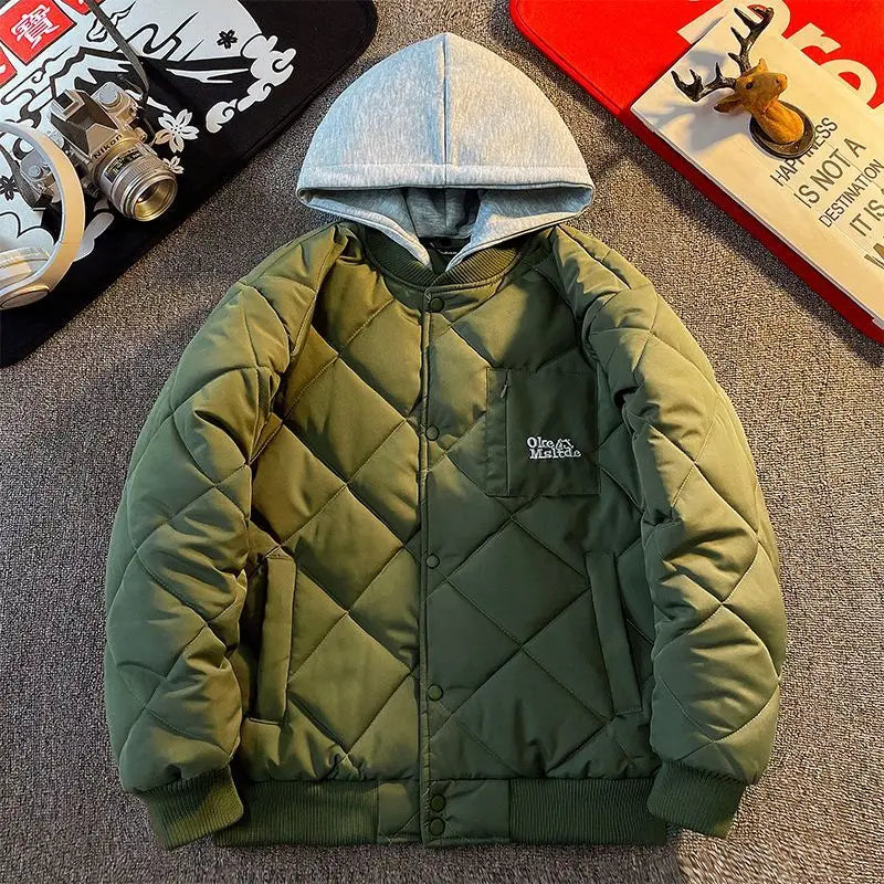 Men's Quilted Hooded Bomber Jacket Retro Casual Streetwear Coat