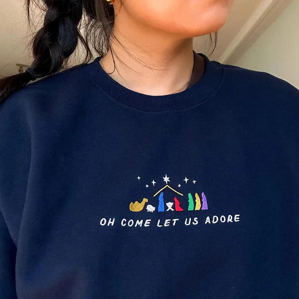Oh Come Let Us Adore Embroidered Sweatshirt Vintage Warm Pullover