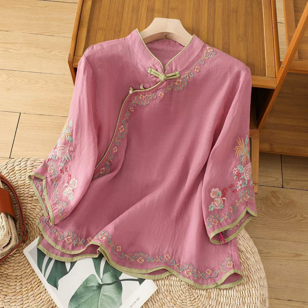 Womens Vintage Embroidered Top Cotton Linen Loose Summer Shirt