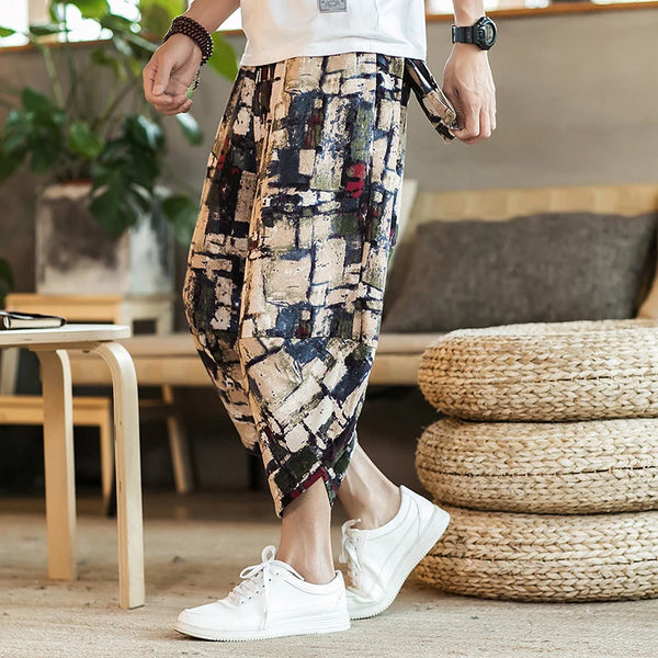 Harajuku Summer Loose Calf Length Casual Pants Cotton Linen Baggy Pants