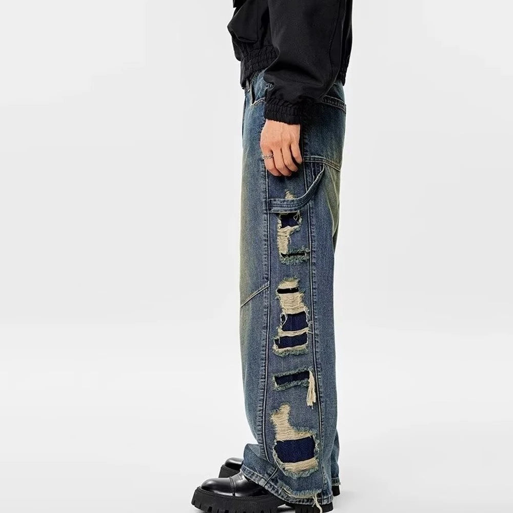 Men Ripped Bootcut Jeans Streetwear Washed Blue
