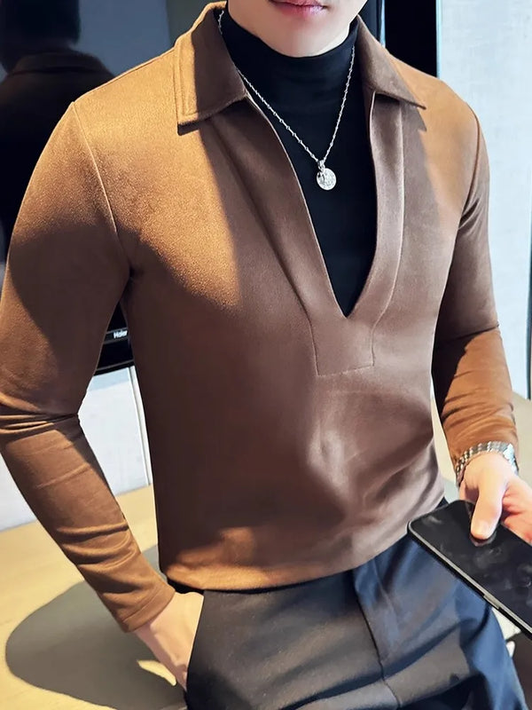 Men Suede V Neck T Shirt Mock Layer Slim Fit Pullover