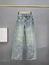 Women Jeans Shiny High Waist Loose Wide Leg Denim Pants Rhinestone Pants