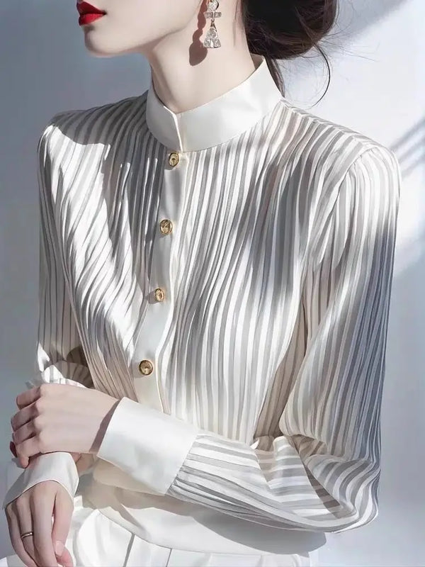 Womens Chiffon Cardigan Gray Stripe Button Front Long Sleeve Top