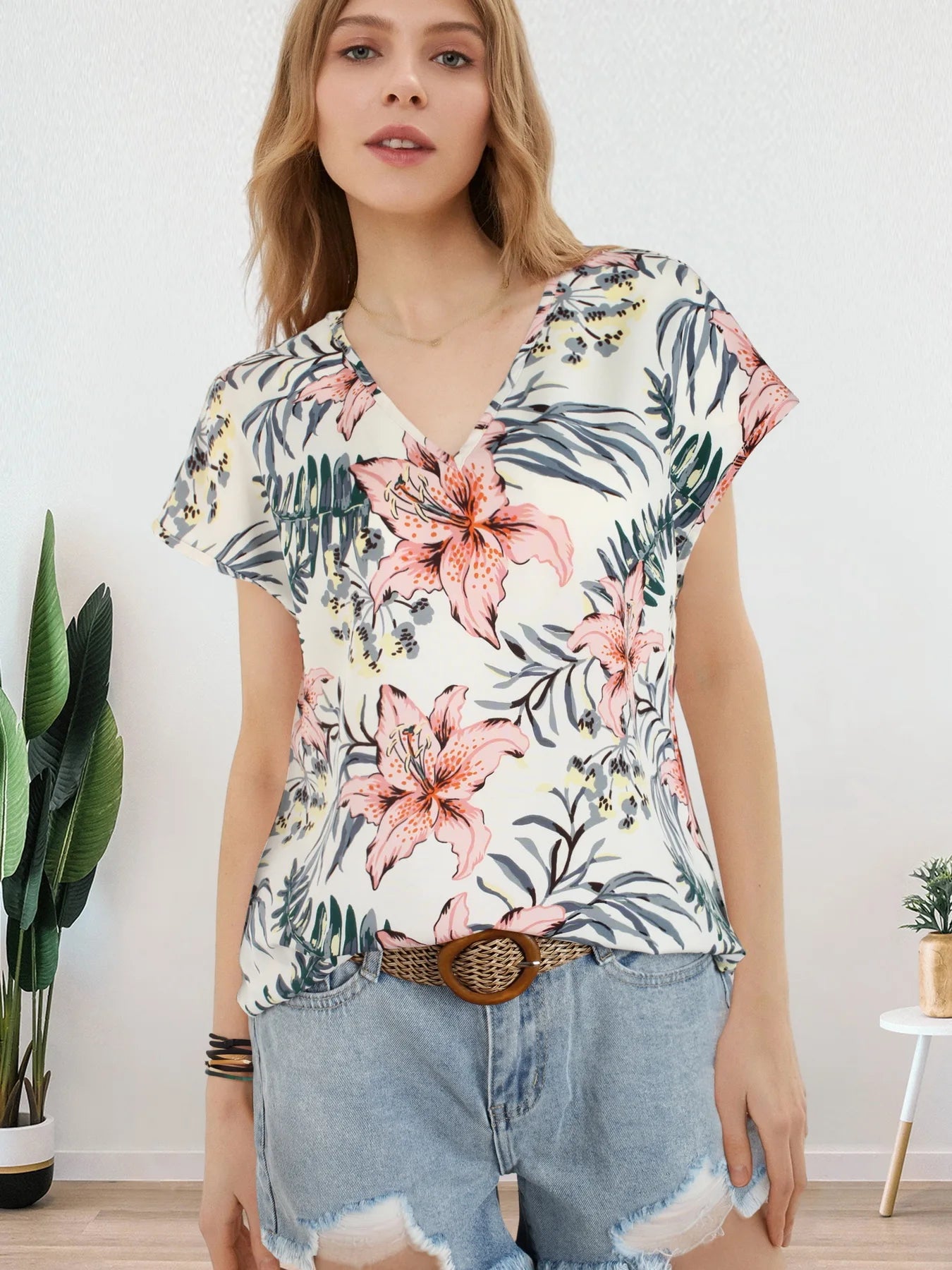 Women All Over Floral Print V Neck Batwing Sleeve Blouse Ladies Tops