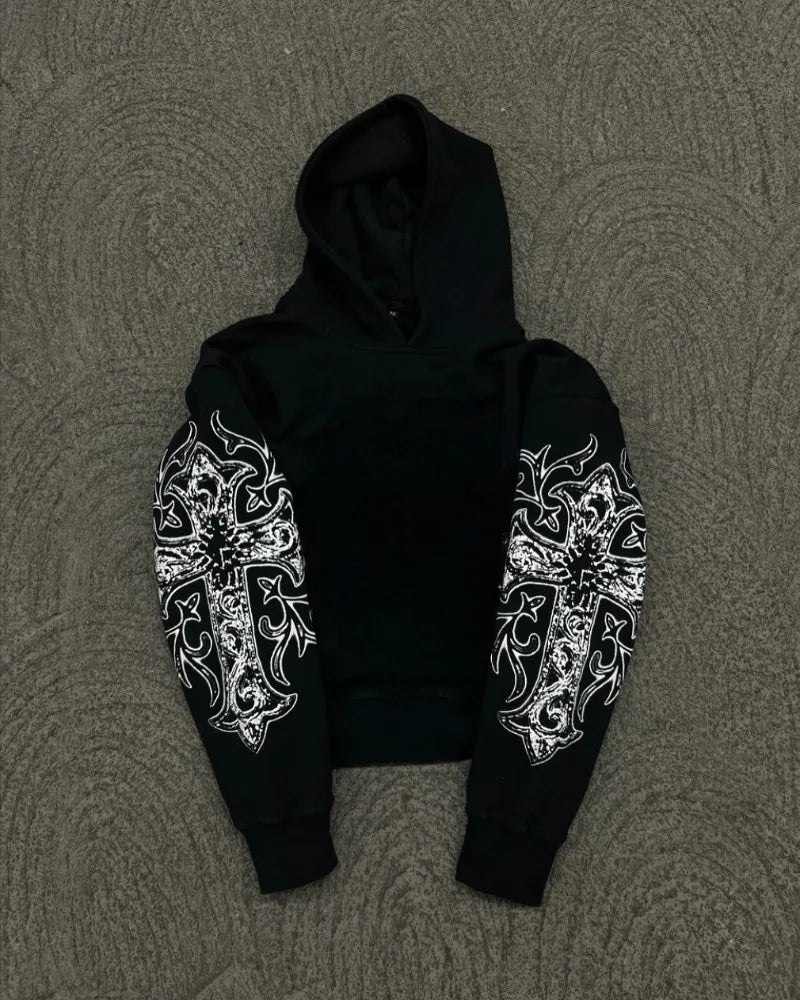 Men's Gothic Cross Print Oversized Hoodie Streetwear Sweatshirt
