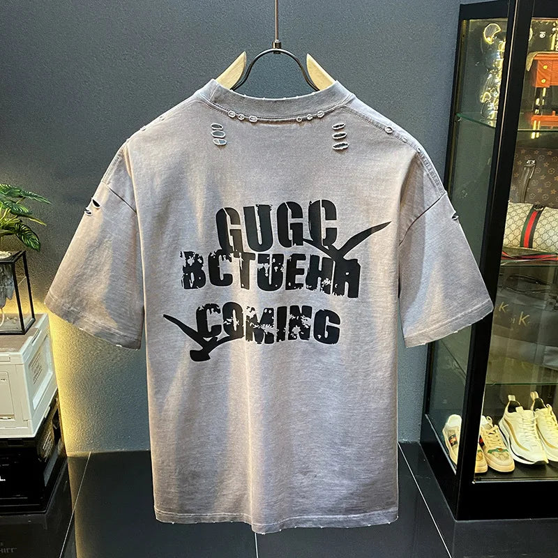 Vintage Distressed Men's T-Shirt Loose Fit American Style Summer