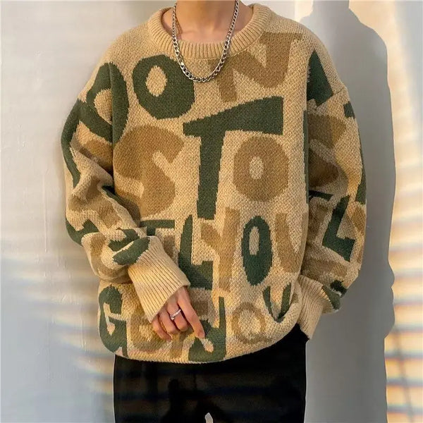 Mens Y2K Letter Print Knit Sweater Vintage Streetwear Pullover