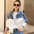 Embroidered Denim Jacket Women Short Colorblock Loose Fit Spring
