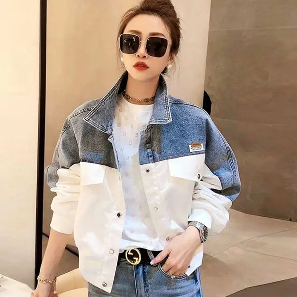 Embroidered Denim Jacket Women Short Colorblock Loose Fit Spring