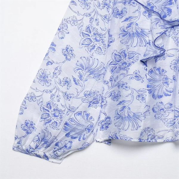 Blue White Floral Blouse Women Ruffled Long Sleeve Elegant Top