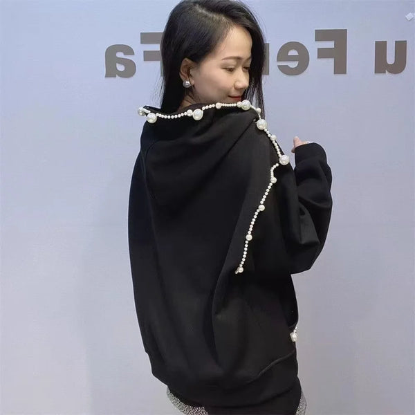 Autumn Women’s Gray Pearl Hoodie Coat Stylish Loose Fit Casual Cardigan