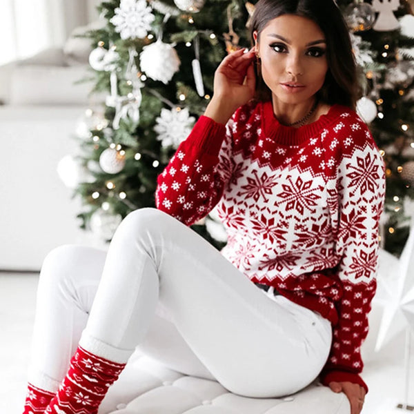 Women’s Christmas Snowflake Knitted Sweater – Long Sleeve O-Neck Winter Pullover