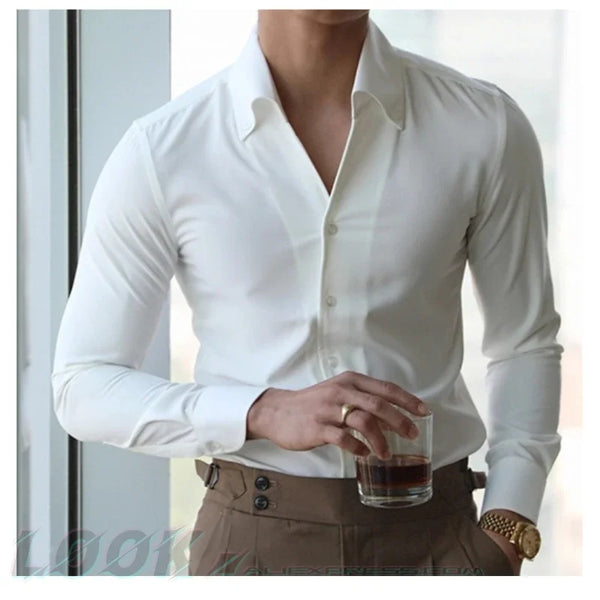 Mens Italian Collar Shirt Wrinkle Free Slim Fit Casual Dress