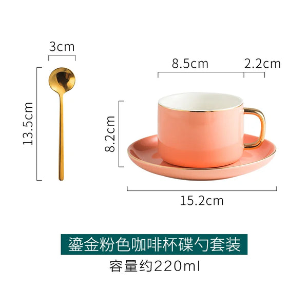 Gold Rim Coffee Cup and Saucer Set with Spoon European Ceramic