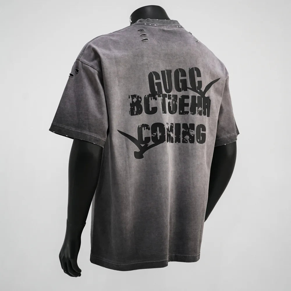 2025 Retro Letter Print Men's T-Shirt Summer Streetwear Hole Top