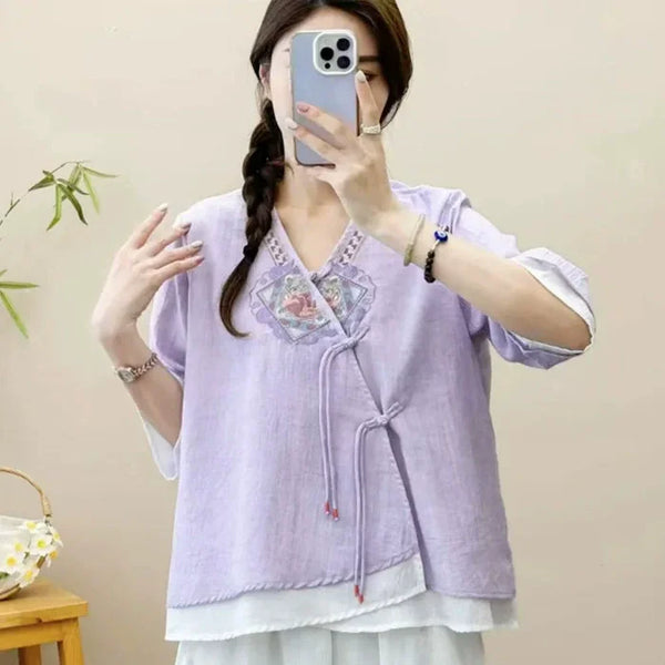 Womens Vintage Embroidered Top Cotton Linen Loose Summer Shirt