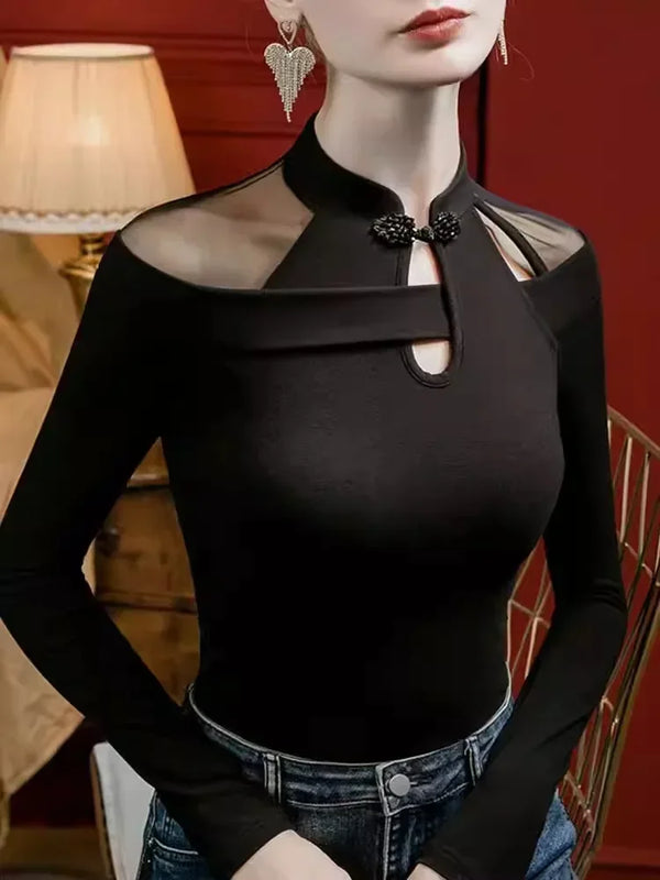 Vintage Mesh Shirt Women Long Sleeve Asymmetric Qipao Style Top