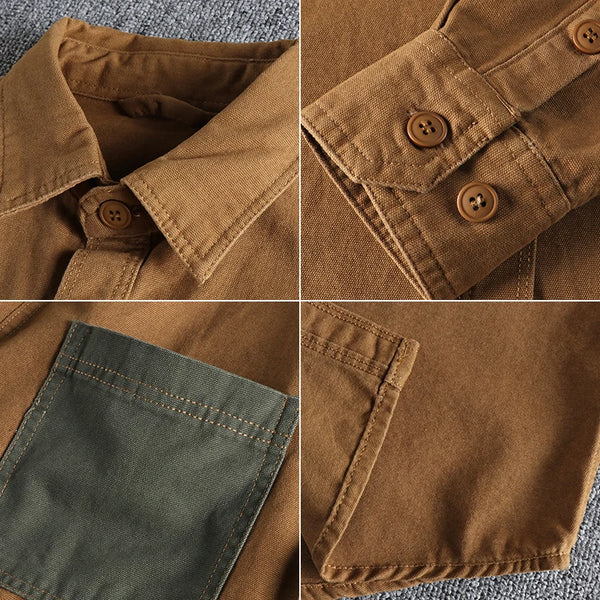 Mens Patch Sleeve Shirt Long Sleeve Washed Cotton Utility Coat