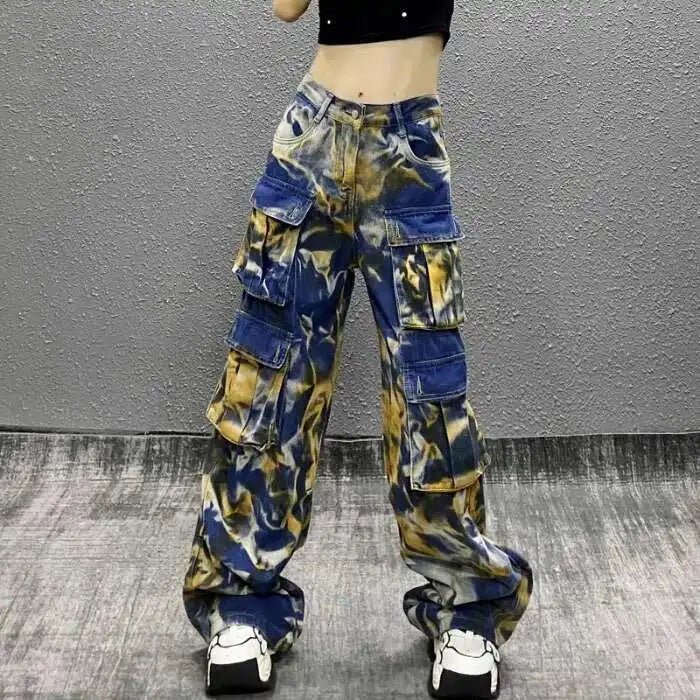 Women's Tie Dye Wide Leg Cargo Jeans High Waisted Streetwear Denim